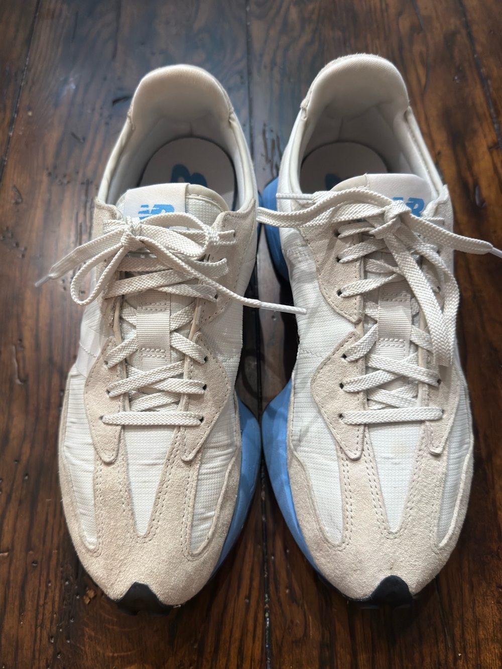 New Balance 327 Cream Sneakers with Light Blue Accents